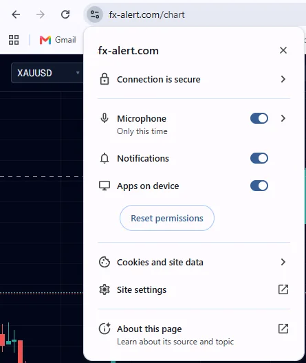 Chrome site settings for fx-alert.com with Notifications on