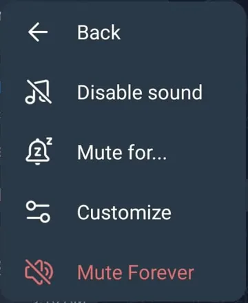 Telegram Mute menu with Customize