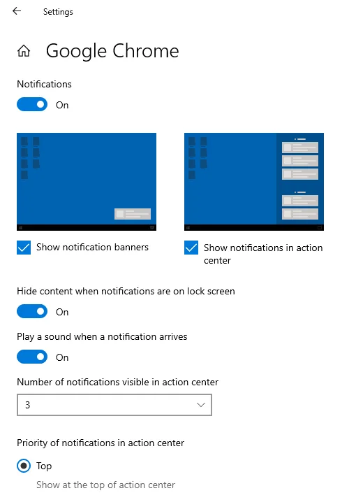 Google Chrome notification settings in Windows