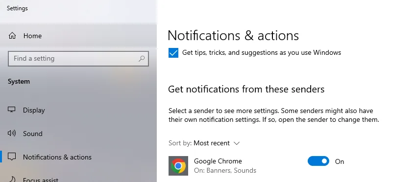 Windows Notifications & actions with Google Chrome turned on